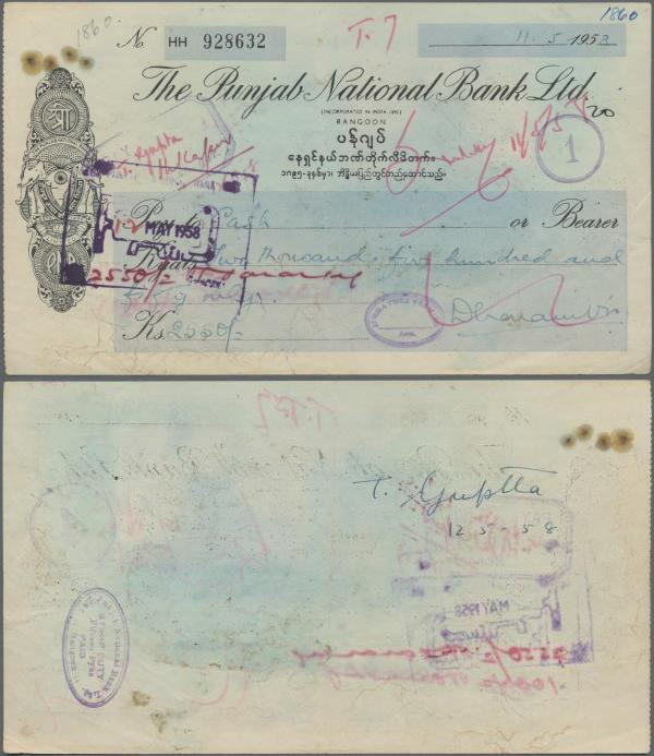Burma: Cheque of The Punjab National Bank Ltd., Rangoon for 2550 Kyats dated 195...