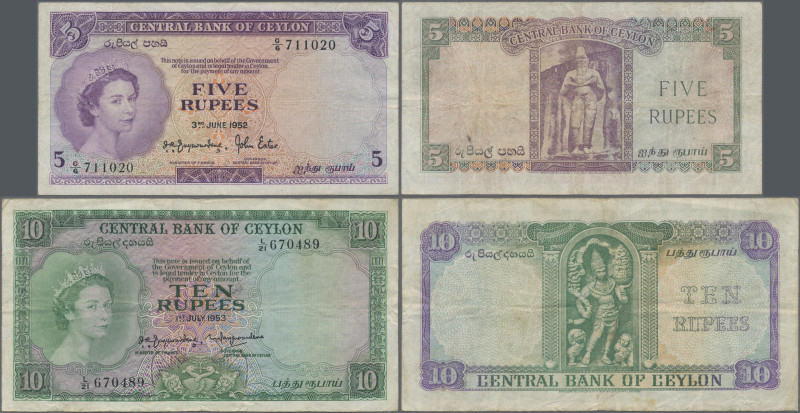 Ceylon: Central Bank of Ceylon, very nice pair with 5 Rupees 03.06.1952, (P.51 F...