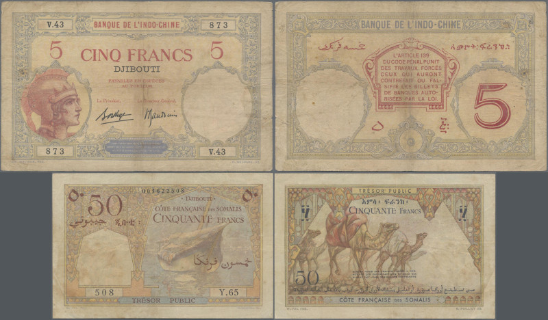 Djibouti: Banque de l'Indo-Chine – Djibouti 5 Francs ND(1928-32), P.6b (F/F- wit...