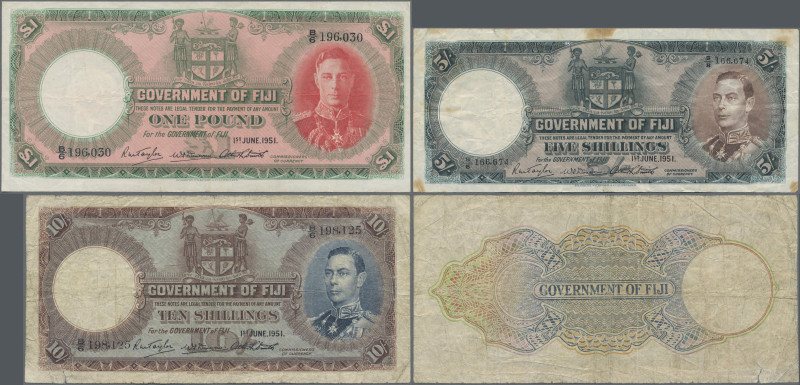 Fiji: Government of Fiji, lot with 3 banknotes King George VI, 1st June 1951, wi...