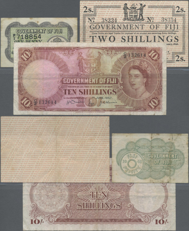 Fiji: Government of Fiji, lot with 3 banknotes, 1942 and 1957 series, with 1 Pen...