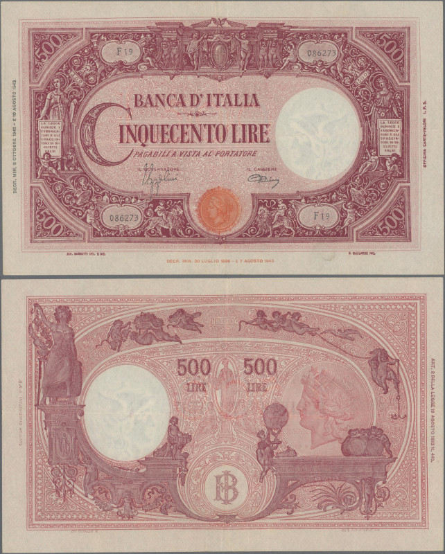 Italy: Banca d'Italia, 500 Lire 08.10.1943 with signatures Azzolini & Urbini, P....