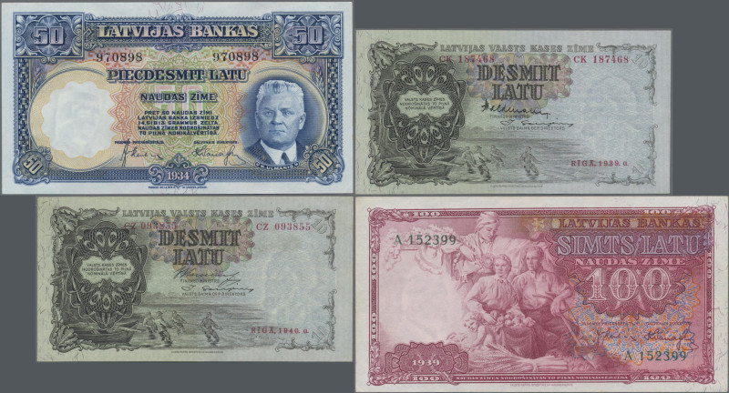 Latvia: Latvia State Treasury and Bank of Latvia, lot with 4 banknotes, 1934-194...