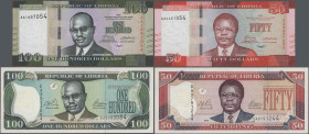 Liberia: National Bank and Republic of Liberia, set with 12 banknotes 1989-2016 series, with 3x 5, 10, 20, 50 and 100 Dollars 1989-2006 (P.19, 20, 26a...