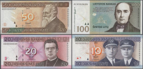 Lithuania: Lietuvos Bankas, set with 7 banknotes, 1993-2003 series, with 1, 2 and 10 Litu 1993-97 (P.53, 54, 59, UNC), 10 Litu 2001 with low serial nu...