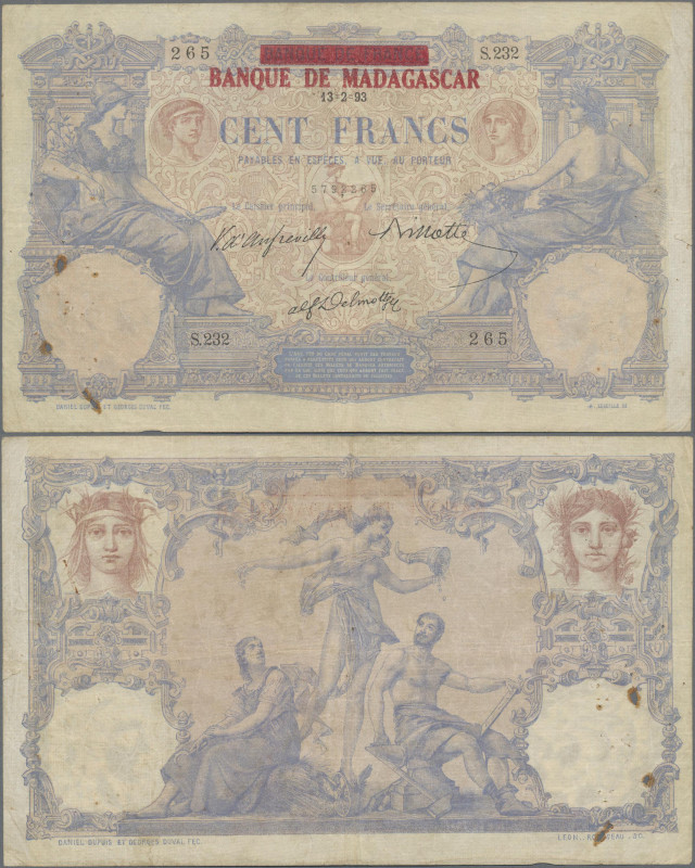 Madagascar: Banque de Madagascar 100 Francs overprint on Banque de France 100 Fr...