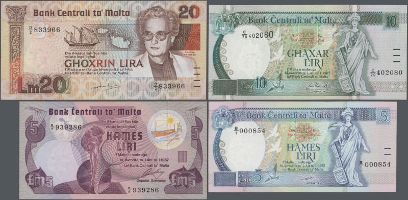 Malta: Central Bank of Malta, lot with 13 banknotes, 1973-1994 series, with 5 Po...