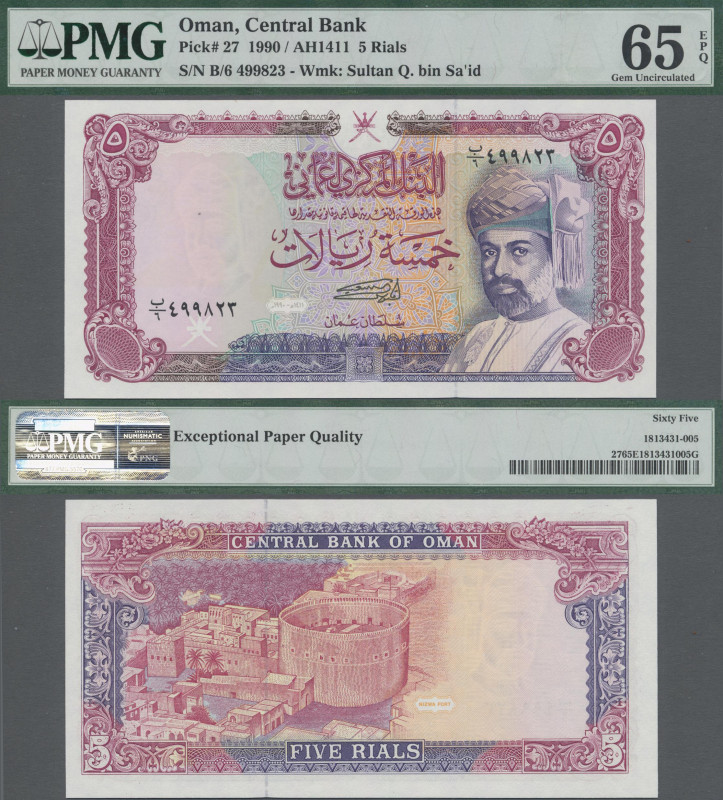 Oman: Central Bank of Oman 5 Rials 1990 (AH1411), P.27, PMG 65 Gem Uncirculated ...