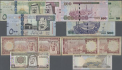 Saudi Arabia: Saudi Arabian Monetary Agency, lot with 6 banknotes 1 – 500 Riyals, comprising 2x 1 Riyal (P.16, F/F-), 1 Riyal (P.21d, aUNC/UNC) and 50...