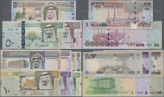 Saudi Arabia: Saudi Arabian Monetary Agency, set with 10 banknotes, 1984-2007 series, with 2x 1, 5, 10 and 100 Riyals 1983/84 and 2003 (P.21b, 22, 23,...