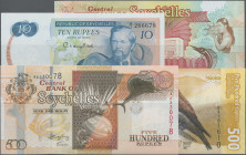 Seychelles: Republic and Central Bank of Seychelles, lot with 18 banknotes, 1976-2016 series, including 10 Rupees ND(1976) (P.19, UNC), 10 and 25 Rupe...