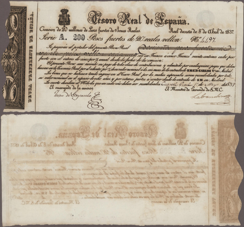 Spain: Tesoro Real de Espana, 200 Pesos Fuertes L.1837 payment certificate, seri...