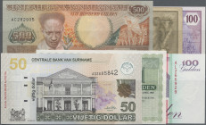 Suriname: Central Bank van Suriname, huge lot with 37 banknotes, 1957-2004 series, consisting for example 1.000 Gulden 1957 (P.115, F- with graffiti),...