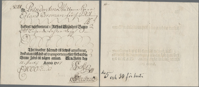 Sweden: Riksens Ständers Banco, 1.000 Daler 1747, P.A80, great original shape fo...