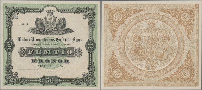 Sweden: Mälare Provinsernas Enskilda Bank, 50 Kronor 1875 SPECIMEN, P.S329s, wit...