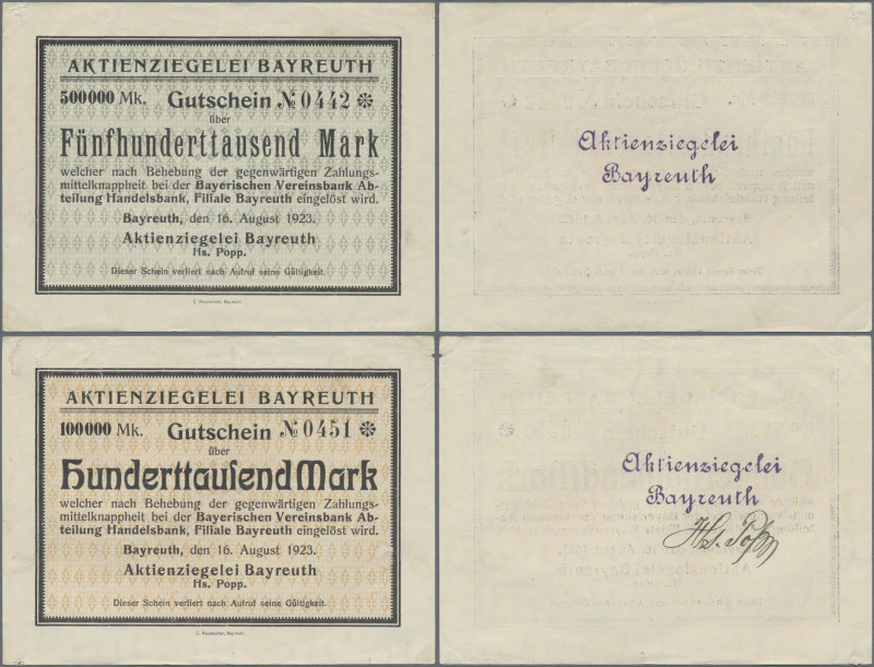 Deutschland - Notgeld - Bayern: Bayreuth, Aktienziegelei, 100, 500 Tsd. Mark, 16...