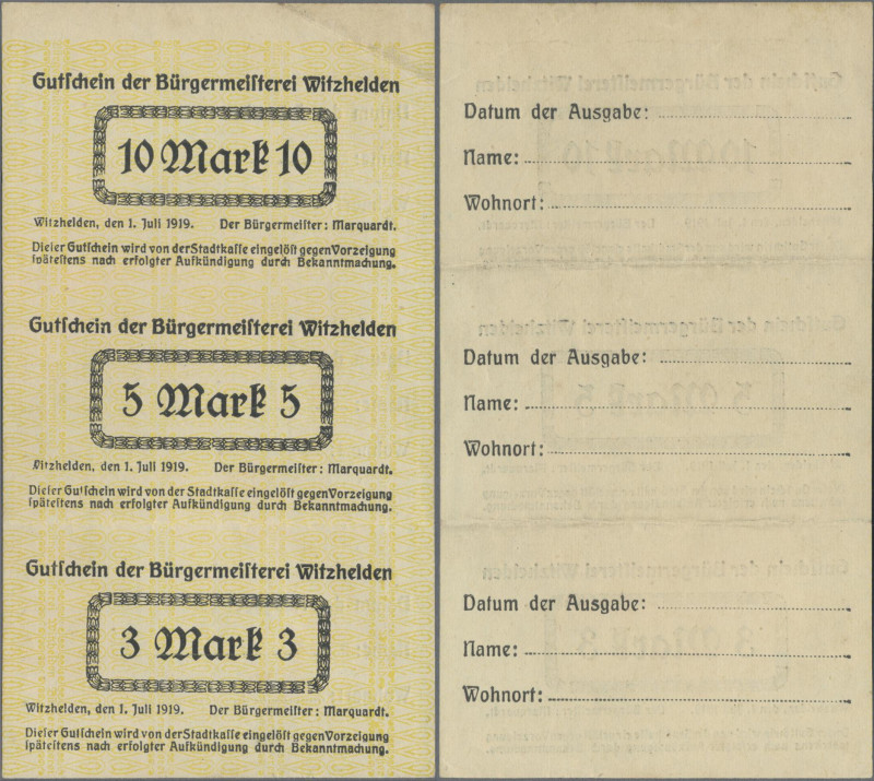 Deutschland - Notgeld - Rheinland: Witzhelden, Bürgermeisterei, 10, 5, 3 Mark, 1...