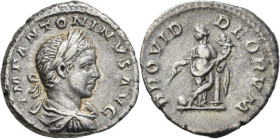 Elagabal (218 - 222): Denar: belorbeerter Kopf nach rechts, IMP ANTONINVS AVG Providentia mit Füllhorn an Säule angelehnt PROVID DEORVM. 3,35 g, RIC 1...