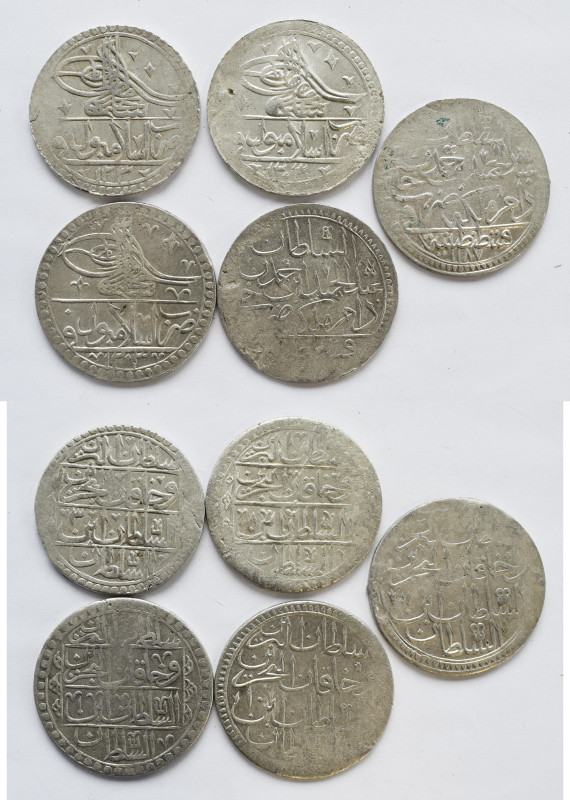 Lot 5 Silbermünzen, 2 x 2 Zolota AH 1187 und 3 x Yuzluk AH 1203, sehr schön, seh...