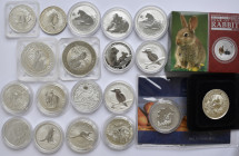 Australien: Sammlung diverse Silberunzen aus Down Under, dabei: 6 x 1 OZ Känguru (kangaroo), 5 x 1 OZ Kookaburra (dabei auch 1994 pp mit Privymark), 2...