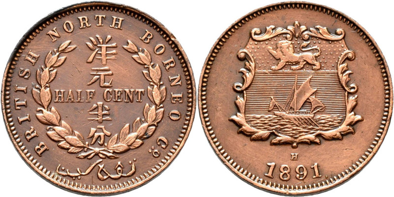Borneo: British North Borneo: ½ Cent 1891 H (Heaton), KM# 1. Zaponiert, vorzügli...