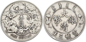 China: 1 Dollar (Yuan) Drache und Wolken, Hsuan Tung Periode (1909-1911), Year 3 (1911). KM# Y 31. Gewicht 26,77 g. Abnutzungsspuren, sehr schön.
 [d...