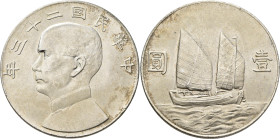 China: 1 Dollar Jahr 23 (1934), Präsident Sun Yat Sen / Dschunke (Junk). KM# Y 345. 26,82 g. Vorzüglich.
 [differenzbesteuert]