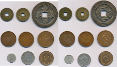 China: Kleines Lot 9 Münzen, dabei 3 x Cash Münzen, 4 Kupfermünzen sowie 2 Silbermünzen aus diversen Dynastien / Provinzen, nicht näher bestimmt.
 [d...