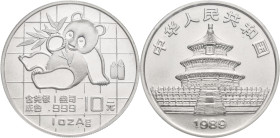 China - Volksrepublik: 10 Yuan 1989, China Panda 1 OZ Silber. KM# A221. Noch in Folie eingeschweißt, feinster Stempelglanz.
 [differenzbesteuert]