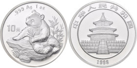 China - Volksrepublik: 10 Yuan 1998, China Panda 1 OZ Silber. KM# 1126 (Y969), Wieschowski-Chou P249B, Variante small Date / eins mit Unterstrich Shen...