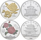 China - Volksrepublik: 10 Yuan 1999, Zwei Münzen Set Expo '99 Kunming (Internationale Gartenbauausstellung). Je 1 OZ (31,1 g) 999/1000 Silber. Kamelie...