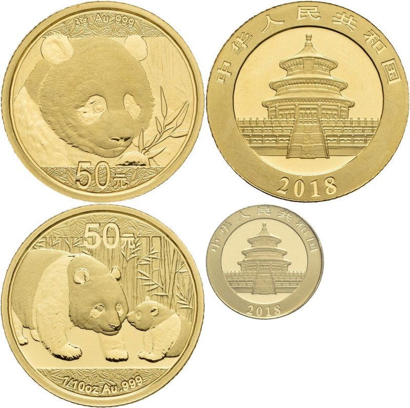China - Volksrepublik: 50 Yuan 2011 + 2018 sowie 10 Yuan 2018, Panda, zus. 7,11 ...