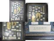 Japan: Japanese Old Gold and Silver Coins: Ein großer verglaster Schau-Rahmen (ca 70 x 50 cm) RS restauriert, rechteckig, obere Ecken abgerundet, mit ...