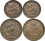 Kanada: Bank of Upper Canada, Bank Token 1 Penny 1854 / St. Georg Penny. KM# Tn 3. Dabei noch 2 x Half Penny 1850 + 1852 KM# Tn2. Lot 3 Stück.
 [diff...