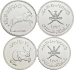 Oman: 2½ Rials 1397 (1976) Karakal Katze / Caracal und 5 Rials 1397 (1976) Antiloppe / white Oryx aus der Serie Naturschutz / World wildlife Conservat...