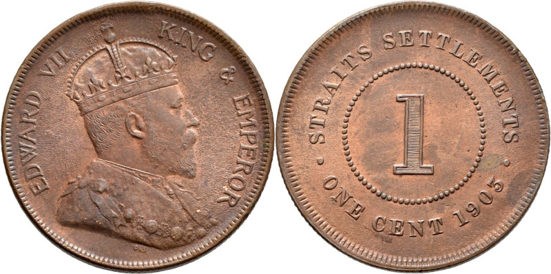 Straits Settlements: Edward VII: 1901-1910: 1 Cent 1903, KM# 19. Rauhe Oberfläch...