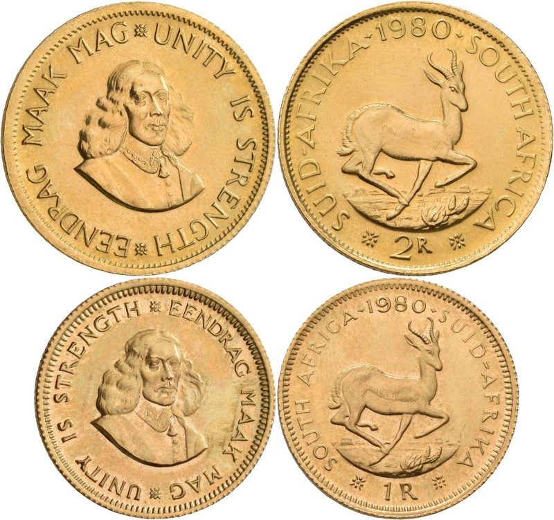 Südafrika: 1 Rand 1980, KM# 63, Friedberg 12. 3,99 g, 917/1000 Gold, 2 Rand 1980...