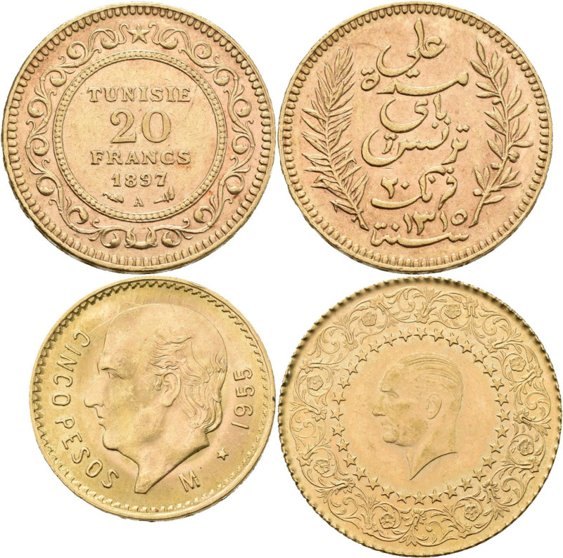 Alle Welt: Tunesien, 20 Fr, 1897, 5,80g fein, Mexiko 5 Peso 1955, 3,75g fein und...