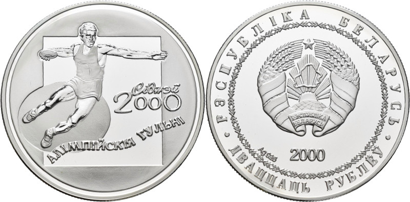 Weißrussland (Belarus): 20 Rubel 2000 Olympiade Sydney / Diskuswerfer. KM# 52. 3...