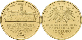 Deutschland: 100 Euro 2011 Wartburg A - Berlin. In Originalkapsel und Etui, mit Zertifikat, Jaeger 566. 15,55 g, 999/1000 Gold. Stempelglanz.
 [zzgl....