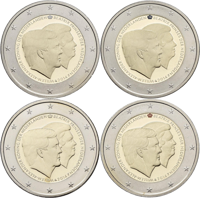 Niederlande: 4 x 2 Euro Gedenkmünzen Set 2014 Koningsdubbelportret PP. In origin...