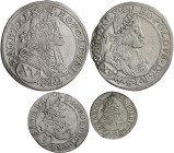 Haus Habsburg: Leopold I. 1657-1705: Kleines Lot 4 Münzen, dabei 1 Kreuzer 1698 MMW (Breslau), 3 Kreuzer 1702 CB (Schlesien), 15 Kreuzer 1663 CA (Wien...
