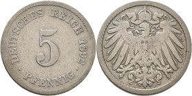 Umlaufmünzen 1 Pf. - 1 Mark: 5 Pfennig 1892 J, Jaeger 12. Seltener Jahrgang, Auflage nur 93T, sehr schön.
 [differenzbesteuert]