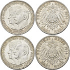 Anhalt: Friedrich II. 1904-1918: 2 x 3 Mark 1914 A, Silberhochzeit mit Gemahlin Marie von Baden, Jaeger 24. Beide mit kleinen Kratzern, kleinen Schwar...