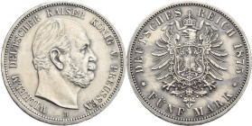 Preußen: Wilhelm I. 1861-1888: 5 Mark 1875 B, Jaeger 97. Kleinste Randfehler, Kratzer, sonst sehr schön - vorzüglich.
 [differenzbesteuert]