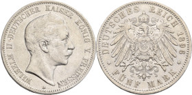 Preußen: Wilhelm II. 1888-1918: 5 Mark 1896 A, Jaeger 104. Seltener Jahrgang, Auflage nur 46t. Sehr schön.
 [differenzbesteuert]
