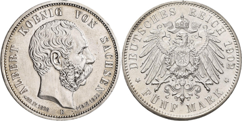 Sachsen: Albert 1873-1902: 5 Mark 1902 E, auf seinen Tod mit Lebensdaten, Jaeger...