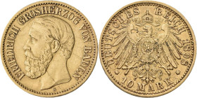 Baden: Friedrich I. 1852-1907: 10 Mark 1898 G, Jaeger 188. 3,96 g, 900/1000 Gold. Feine Kratzer, leicht verschmutzt, sehr schön+.
 [zzgl. 0 % MwSt.]