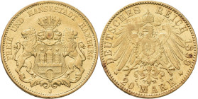 Hamburg: Freie und Hansestadt: 20 Mark 1899. Jaeger 212. 7,94 g, 900/1000 Gold. Kleine Kratzer, Rotflecken, sonst vorzüglich.
 [zzgl. 0 % MwSt.]
