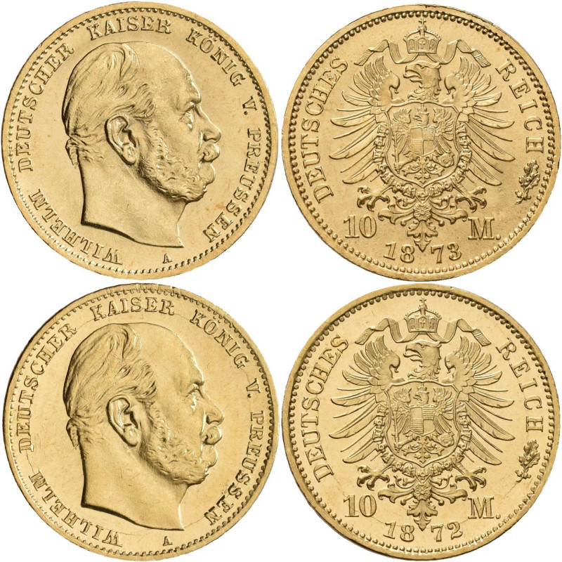 Preußen: Wilhelm I. 1861-1888: 10 Mark 1872 A + 1873 A, Jaeger 242. Je 3,98 g, 9...